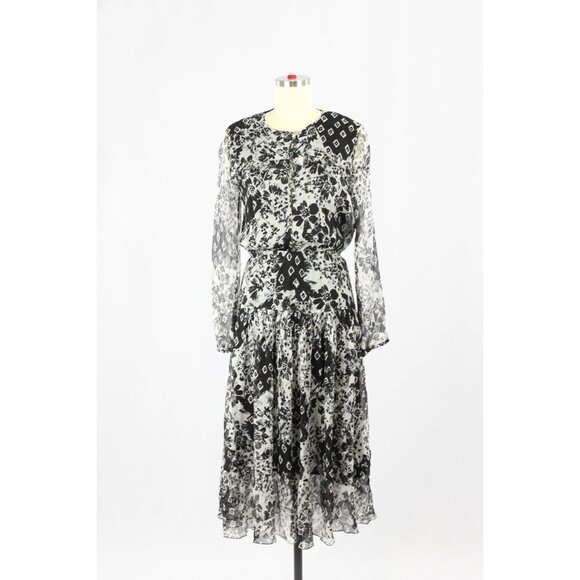 Massimo Dutti Dresses & Skirts - MASSIMO DUTTI Black White Floral Silk Crepe A-Line Midi Dress, Size 6